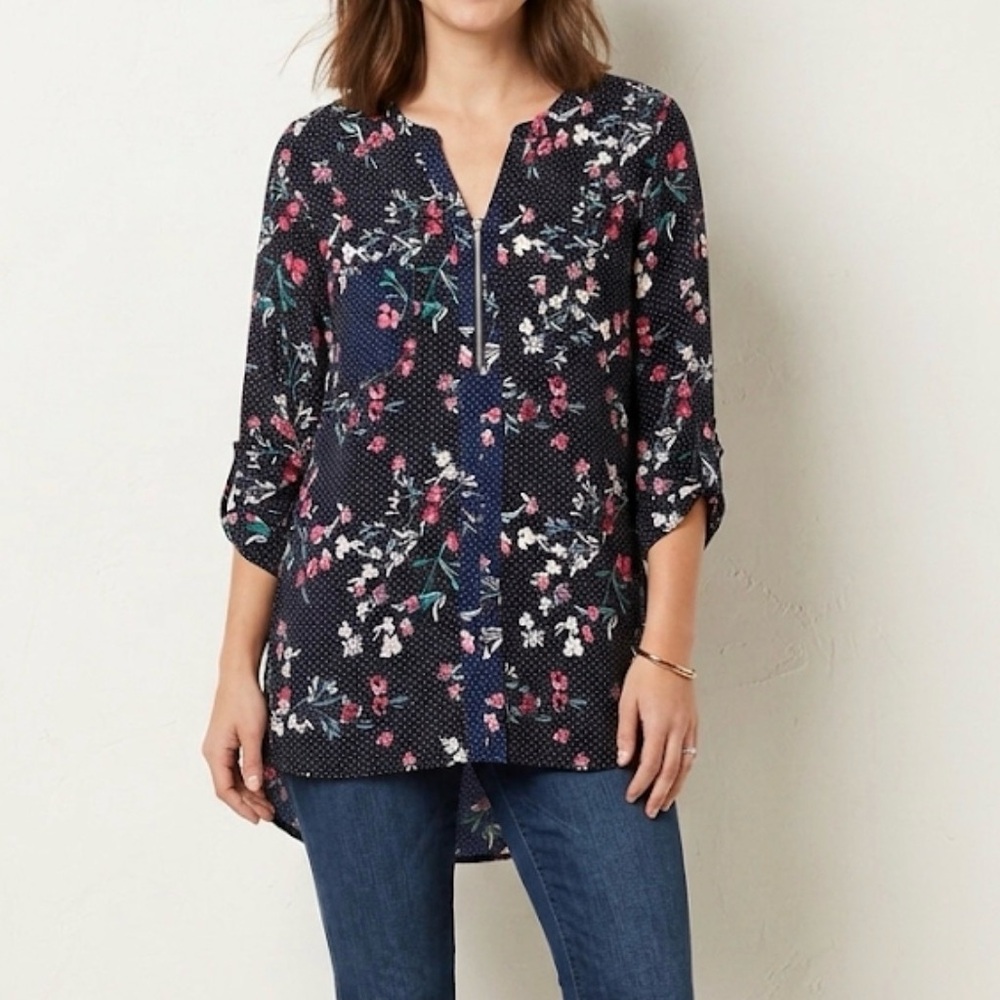 Maurices Navy Blue Floral Polka Dot Quarter Zip Roll Tab Tunic Blouse Sizeβ 1